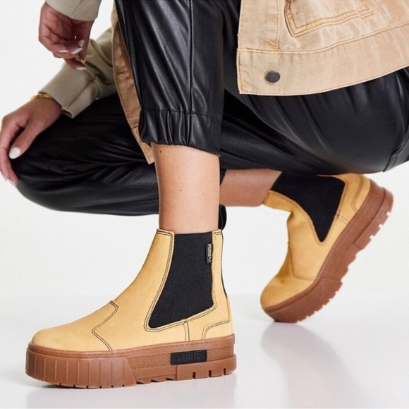 Puma Shoes - Puma Women’s Mayze Platform Chelsea Suede Tan Gum Sole Casual Boots Size 8.5 New